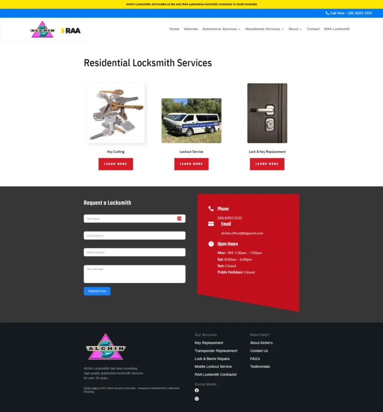 Alchin Locksmiths website, domestic services