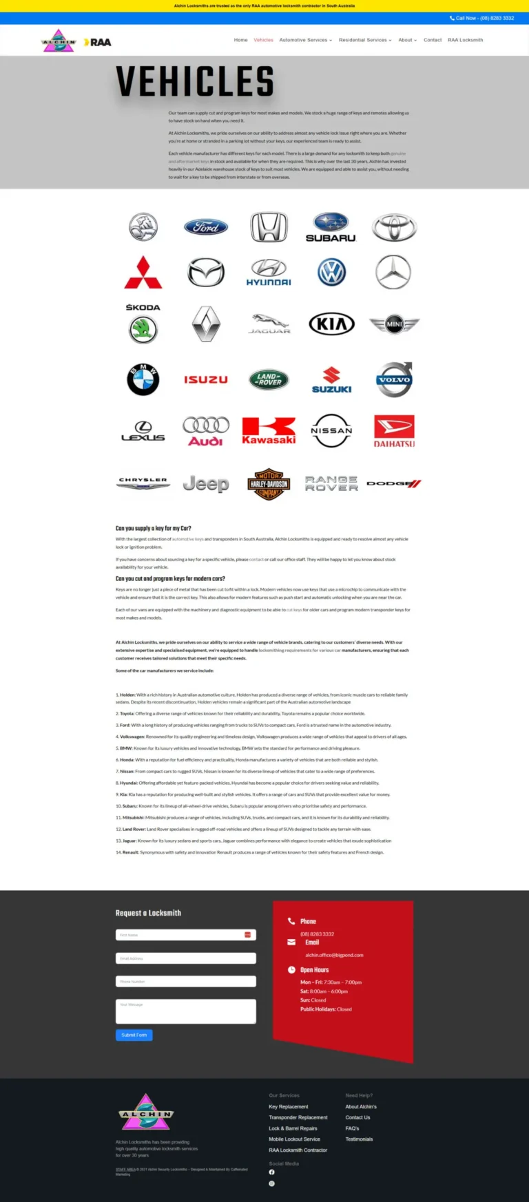 Alchin Locksmiths website, vehicles