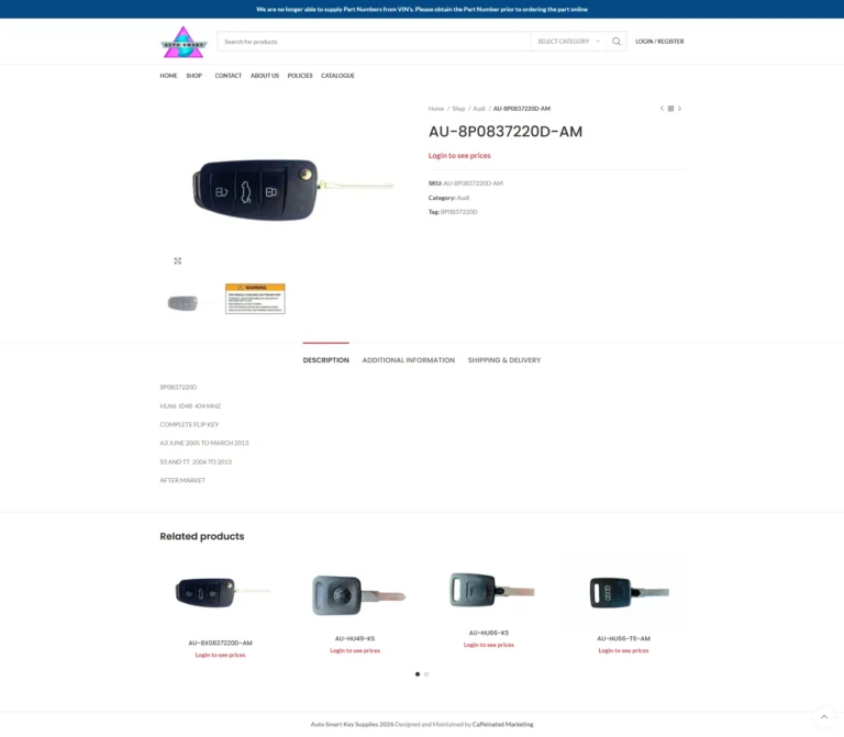 Autosmart Key Supplies website, product