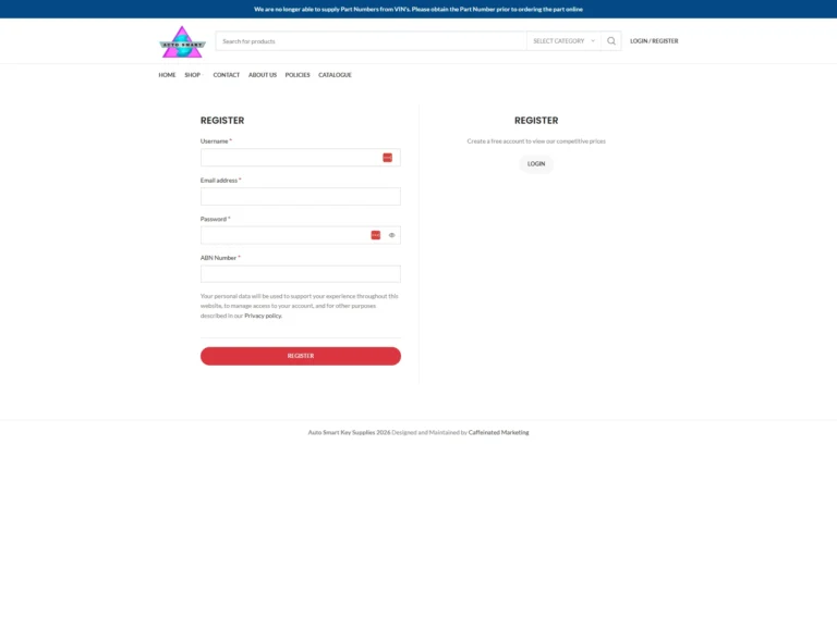 Autosmart Key Supplies website, register