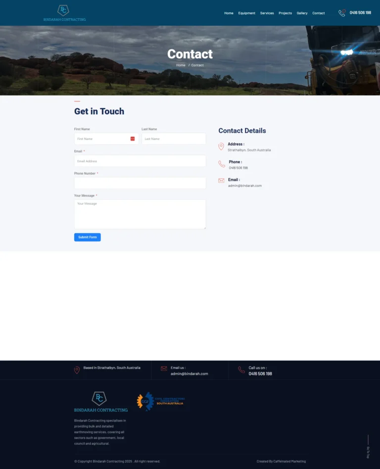 Bindarah Contracting website, contact