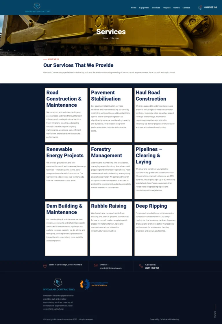 Bindarah Contracting website, services