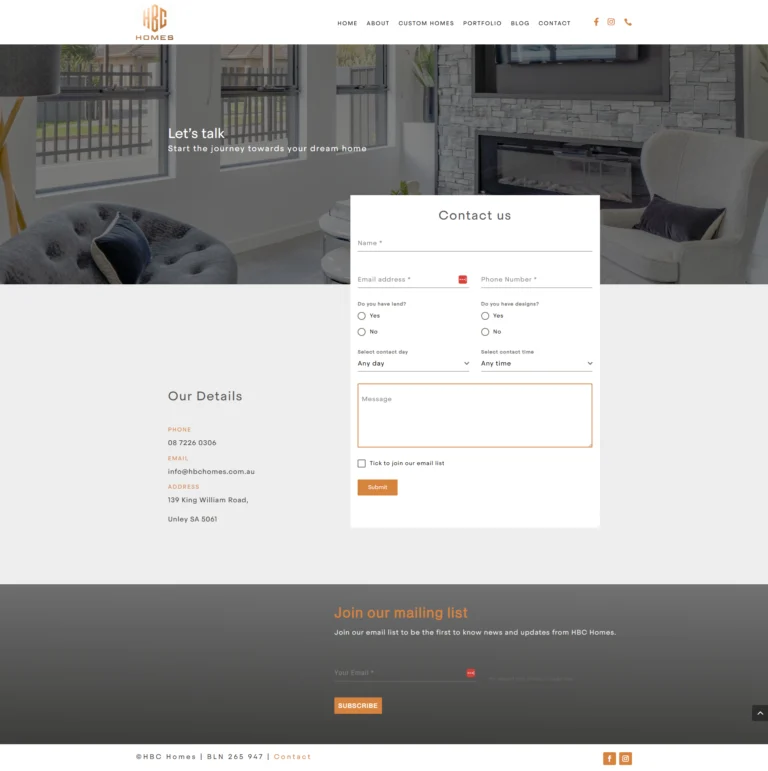 HBC Homes website, contact