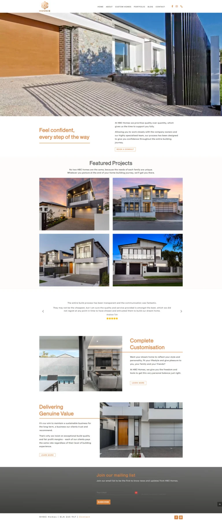 HBC Homes website, home page