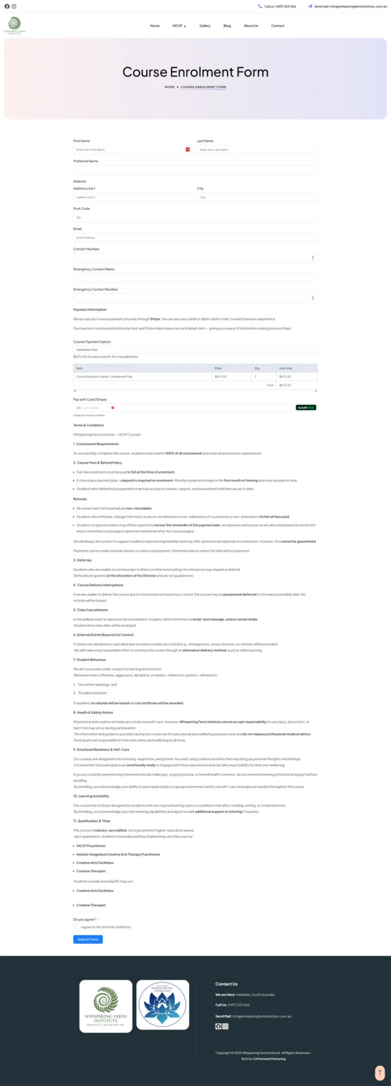 Whispering Ferns Institute website, enrolment form