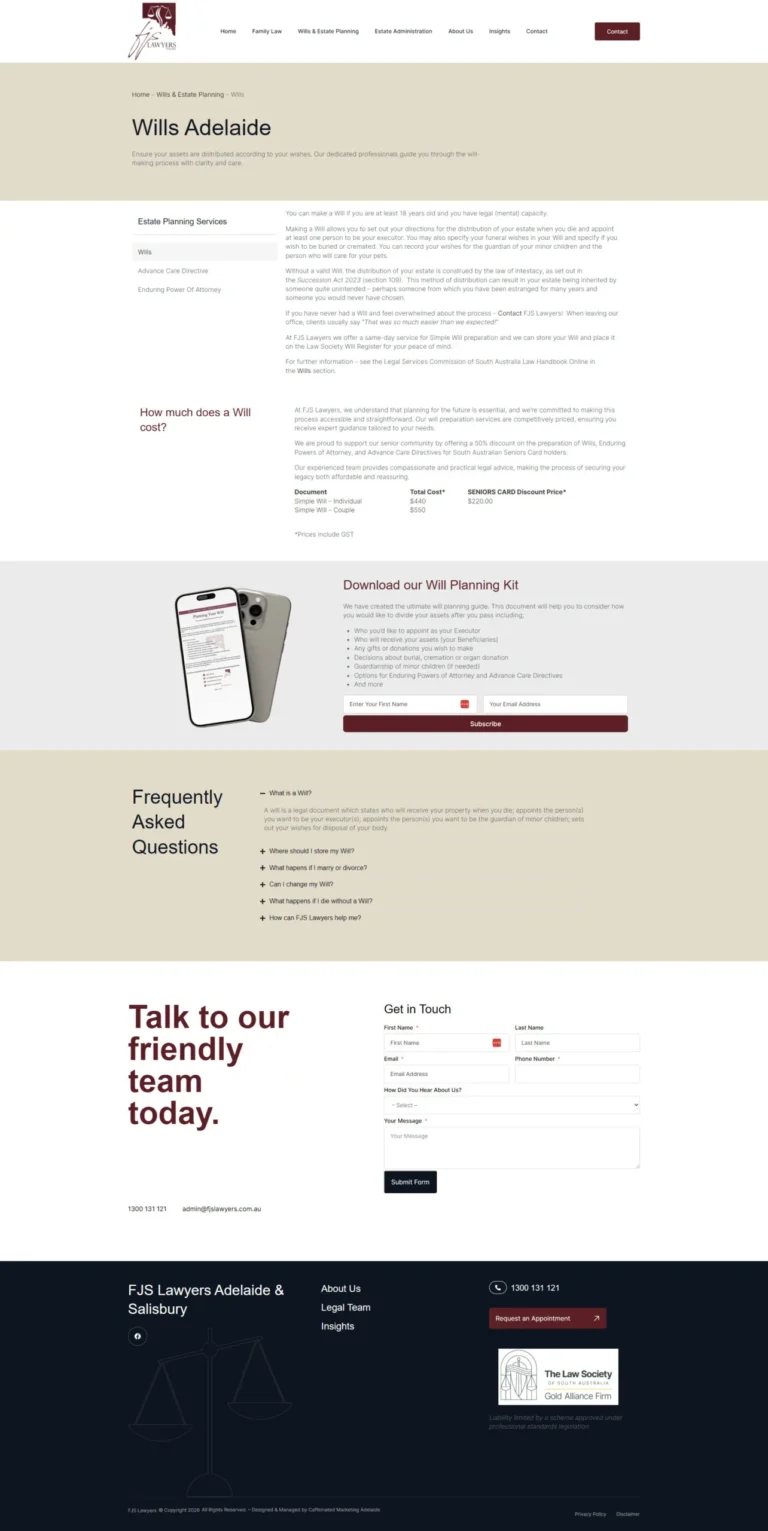 FJS Lawyers website, single service