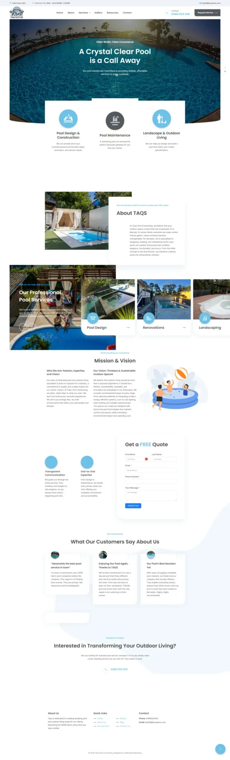 Taq’s Pools website, home page