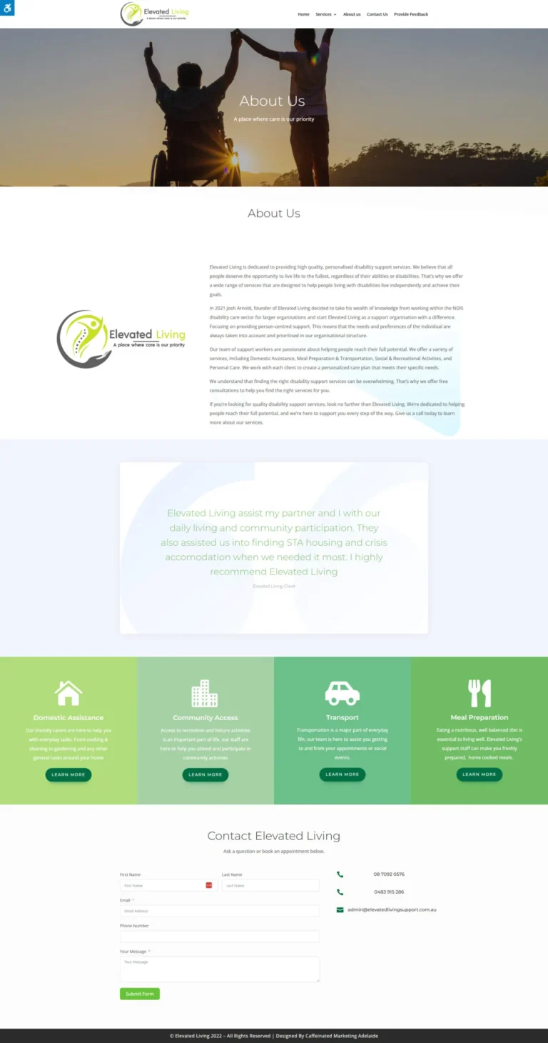 Elevated Living Support website, about
