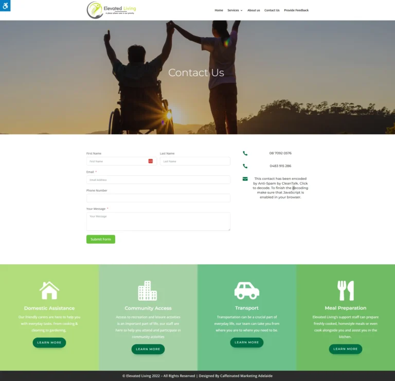Elevated Living Support website, contact
