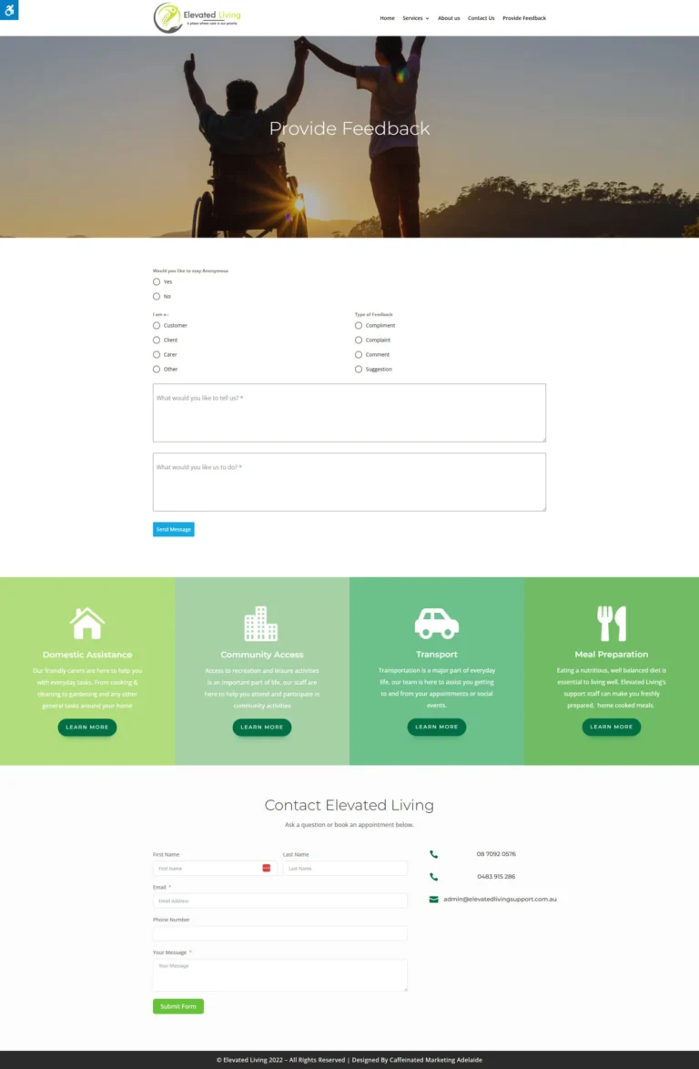 Elevated Living Support website, feedback