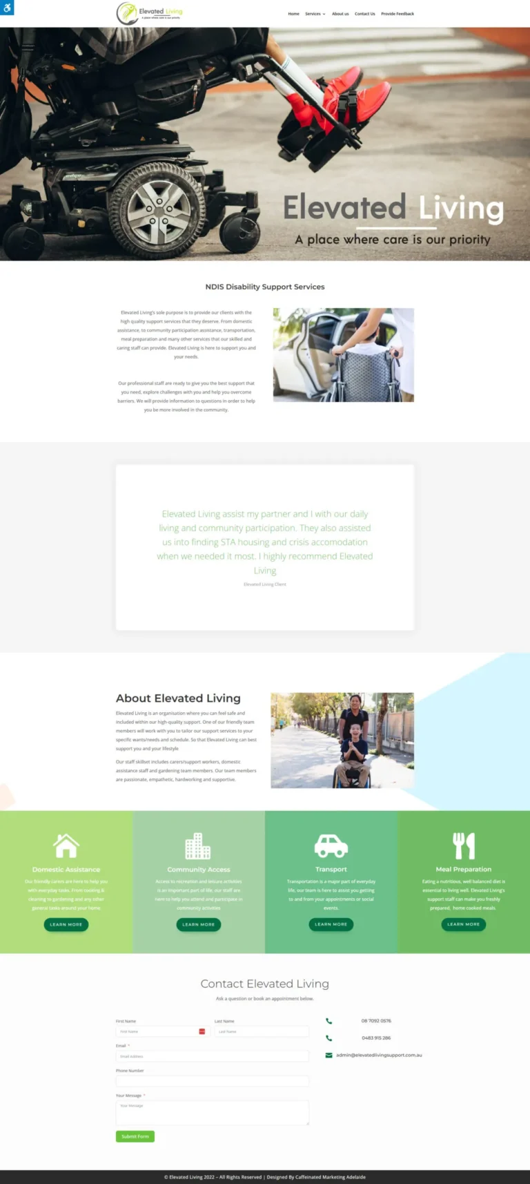 Elevated Living Support website, home page