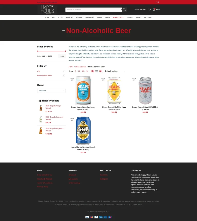Happy Hours Liquor website, product category