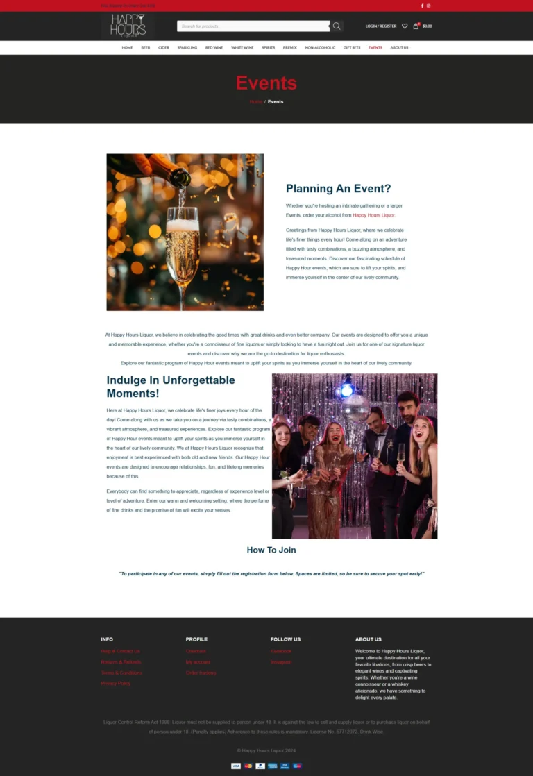 Happy Hours Liquor website, events