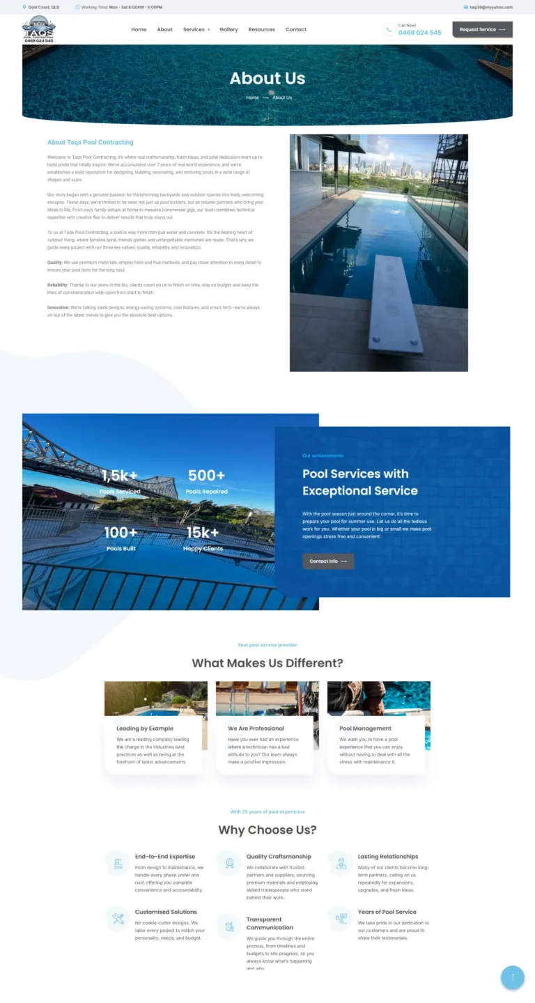 Taq’s Pools website, about