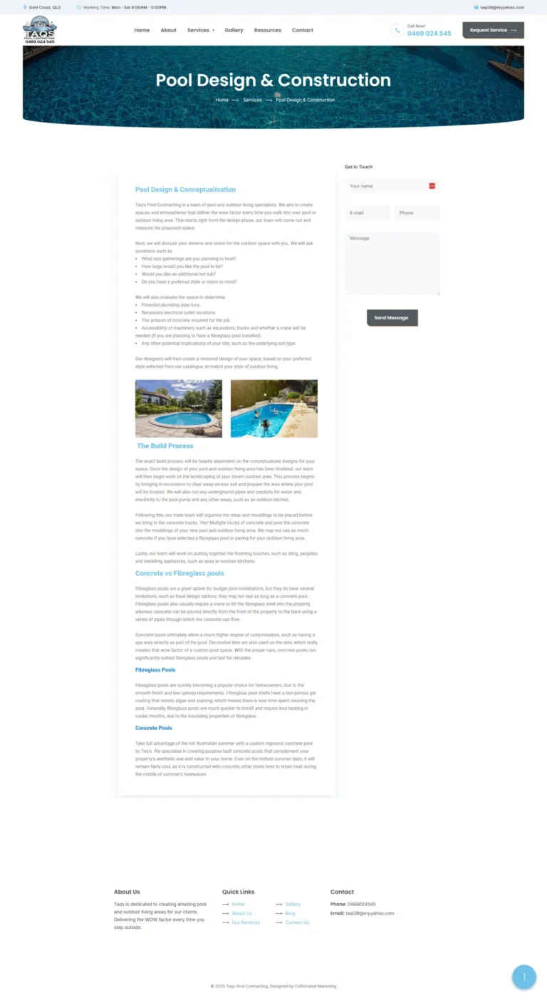 Taq’s Pools website, service